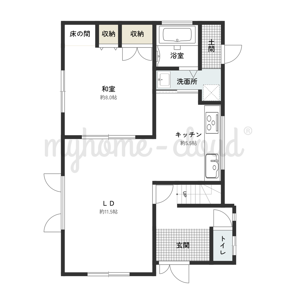 1階和室8帖、2階納戸・屋根裏収納を備えた3LDK+Sの間取り