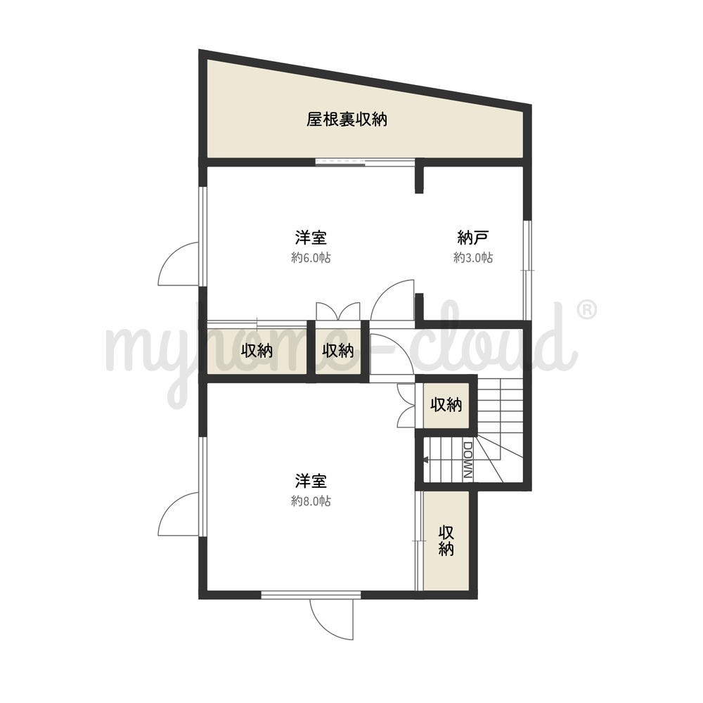 1階和室8帖、2階納戸・屋根裏収納を備えた3LDK+Sの間取り