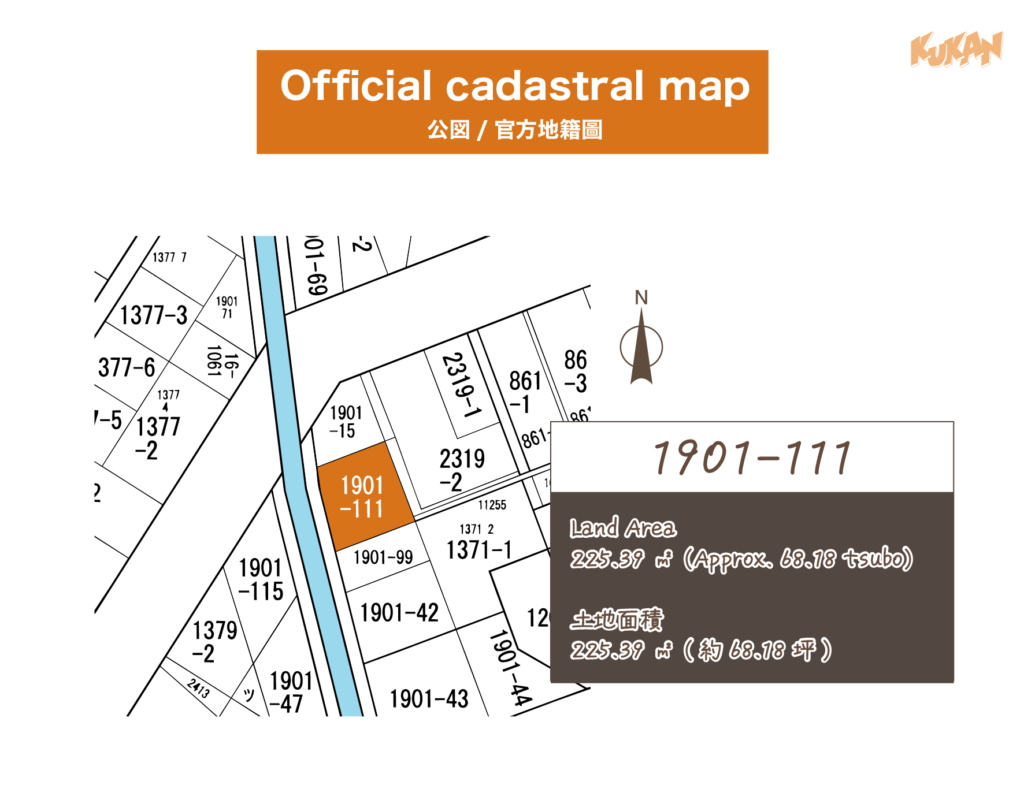 富良野市の中古戸建てを民泊へ再生した物件の、土地面積や敷地境界を示す多言語対応の公図。