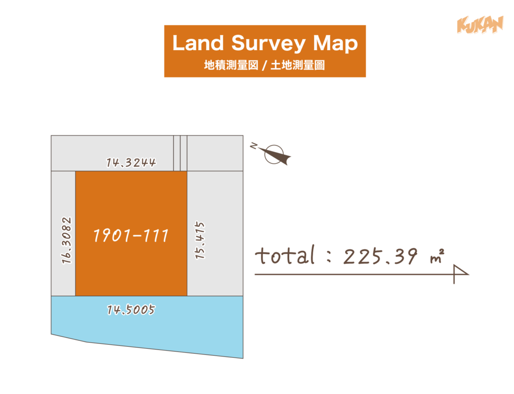 富良野市の中古戸建てを民泊へ再生した物件の、敷地形状や各辺の寸法を示す地積測量図。
