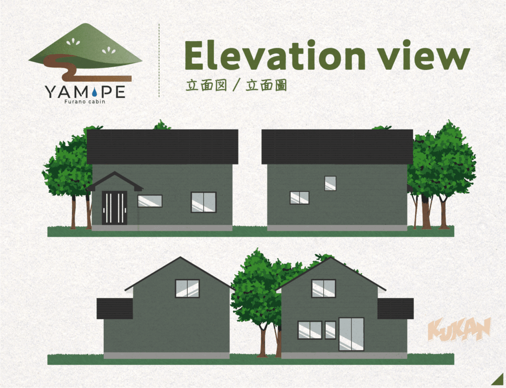 富良野山部にあるフルリノベ再生キャビン「YAMAPE」の建物外観デザインを示す立面図