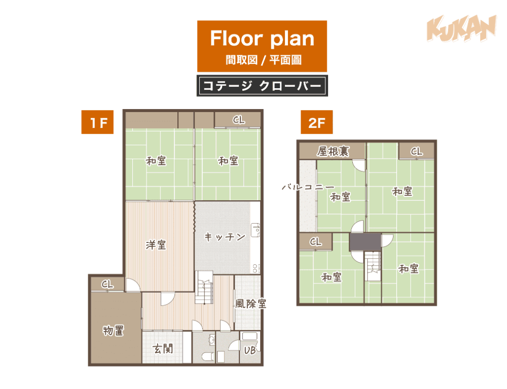 美瑛町のプレミアムリゾート開発用地物件にある、コテージクローバーの1階・2階間取り図。