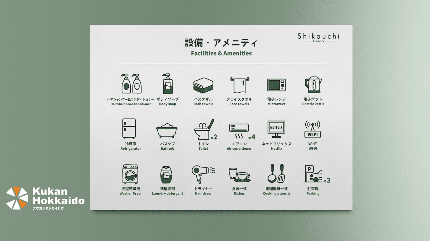北海道のスキーリゾート近郊物件における観光案内図・区画図・設備アメニティ情報をまとめたパンフレットデザイン制作事例。十勝連峰ビューやキロロミネ・北星スキーリゾートまでの距離表示、敷地境界線や共有スペースを分かりやすくレイアウトした案内マップ。