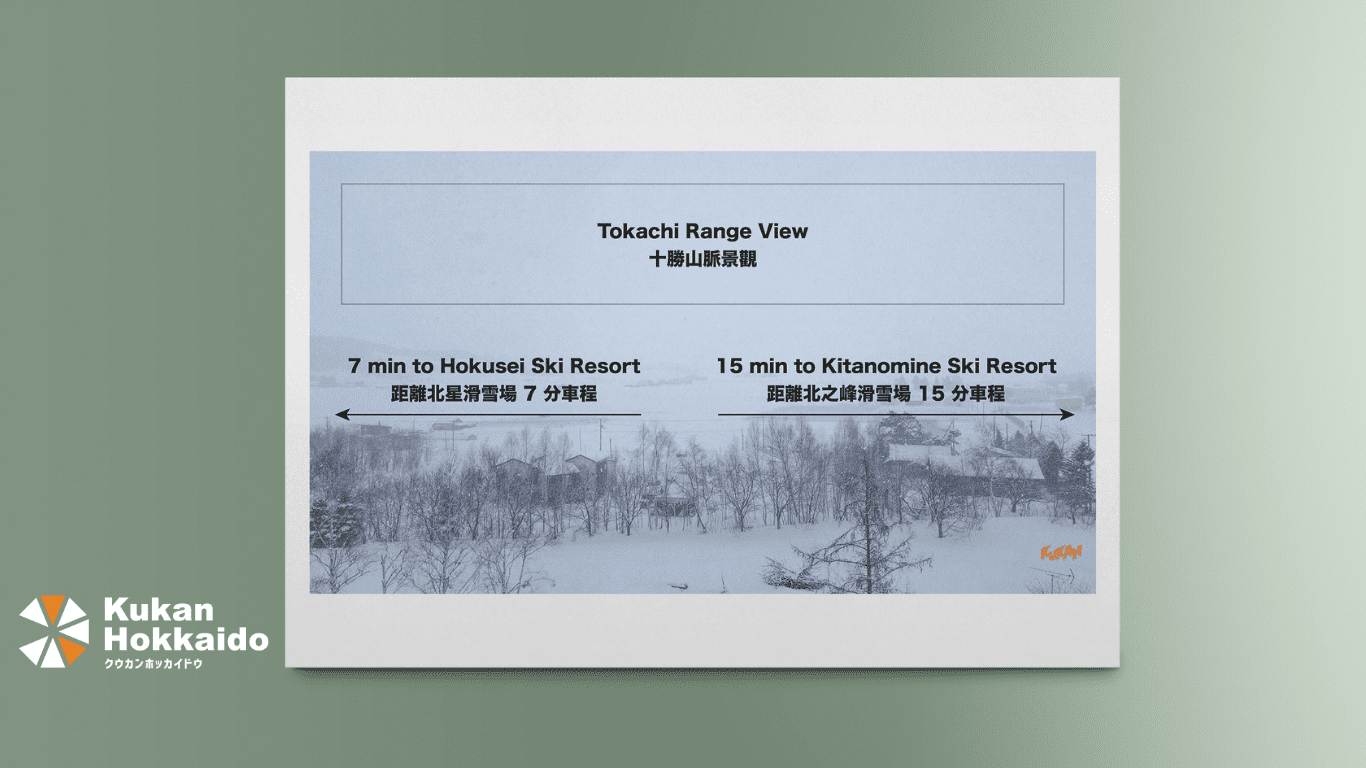 北海道のスキーリゾート近郊物件における観光案内図・区画図・設備アメニティ情報をまとめたパンフレットデザイン制作事例。十勝連峰ビューやキロロミネ・北星スキーリゾートまでの距離表示、敷地境界線や共有スペースを分かりやすくレイアウトした案内マップ。