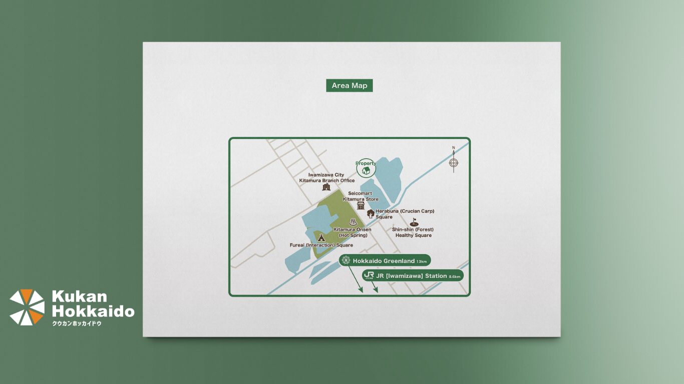 岩見沢市の戸建て住宅販売用に制作した間取図・立面図・敷地配置図デザイン。1階LDK18.5帖、和室・洋室、2階洋室・和室・バルコニーを含むレイアウトと敷地寸法を掲載。