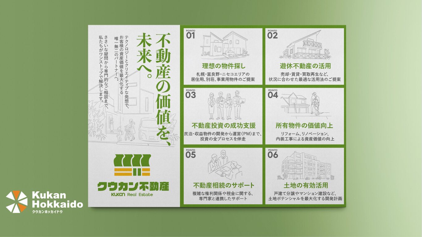クウカン不動産のチラシデザイン制作・印刷事例。緑を基調とした不動産サービス紹介デザインで、「理想の物件探し」「不動産投資支援」「相続サポート」など6つのポイントを分かりやすく訴求し、買取専門店ゴエンの集客力を強化するオリジナル販促ツール。