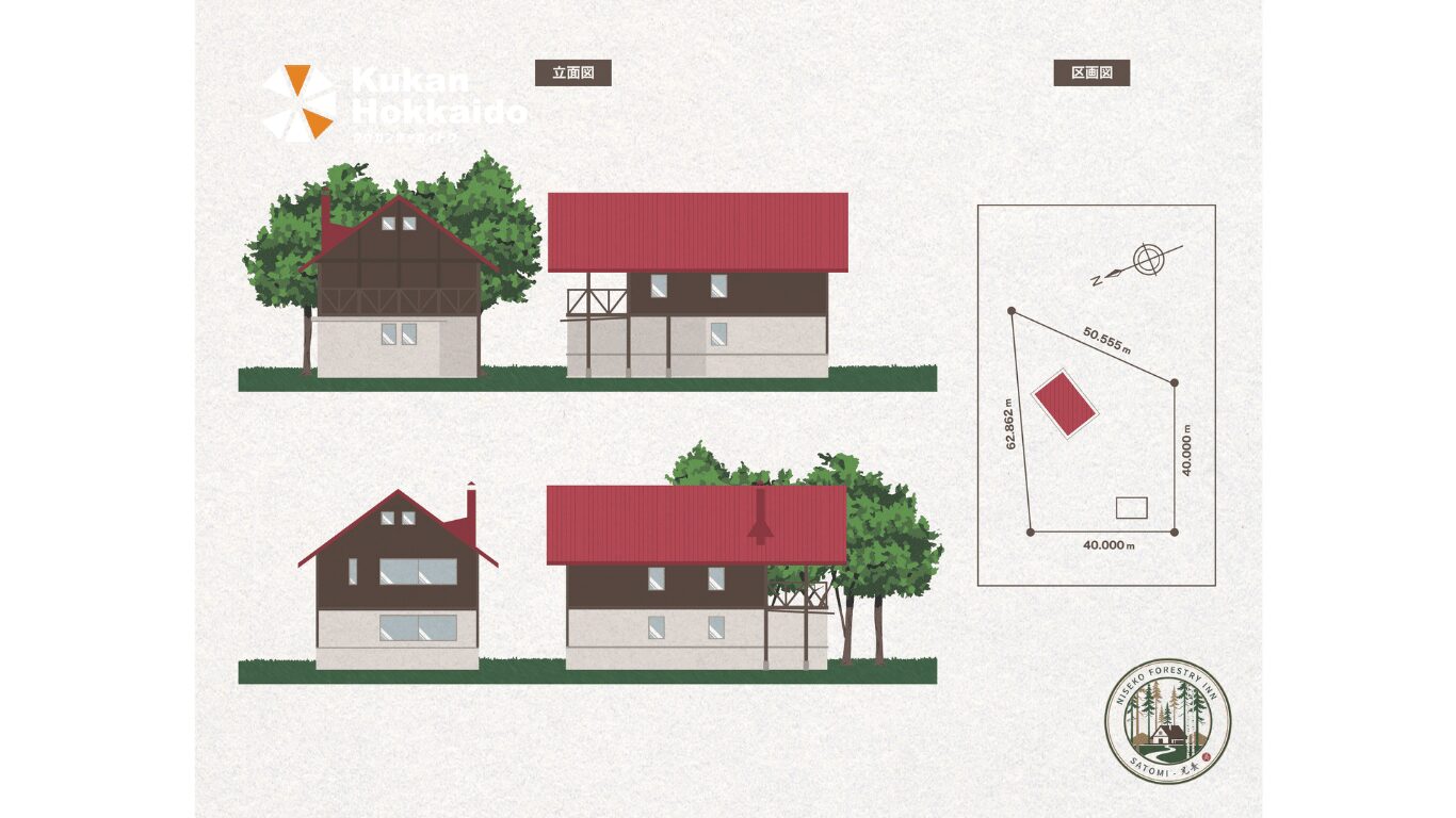 ニセコ不動産物件の間取図や外観図をまとめた販促パンフレットデザイン。物件の魅力を視覚的に伝える撮影・図面制作を含む不動産販売向けツール事例。<br />
