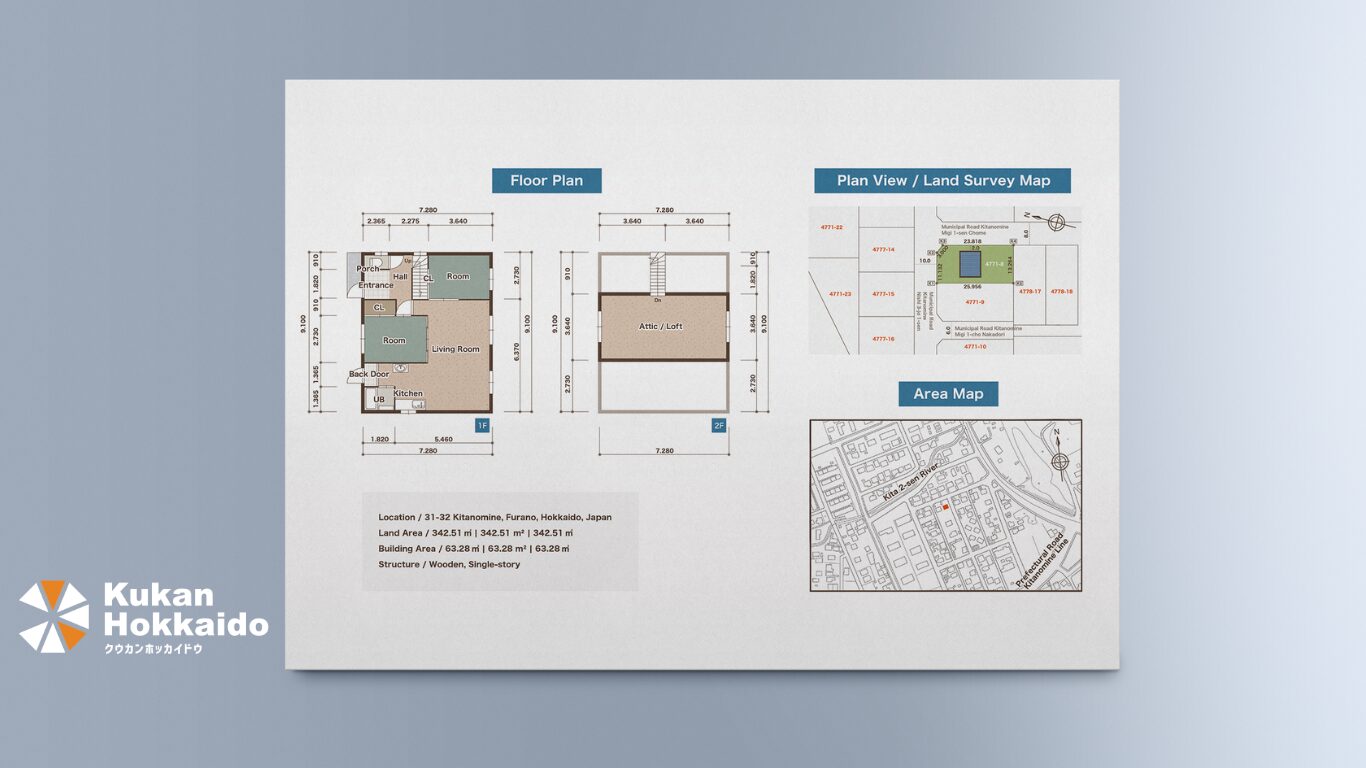 北の峰町の戸建て住宅における間取図・ロフト平面図・公図・道路図・エリアマップをまとめた不動産販売用デザイン制作事例