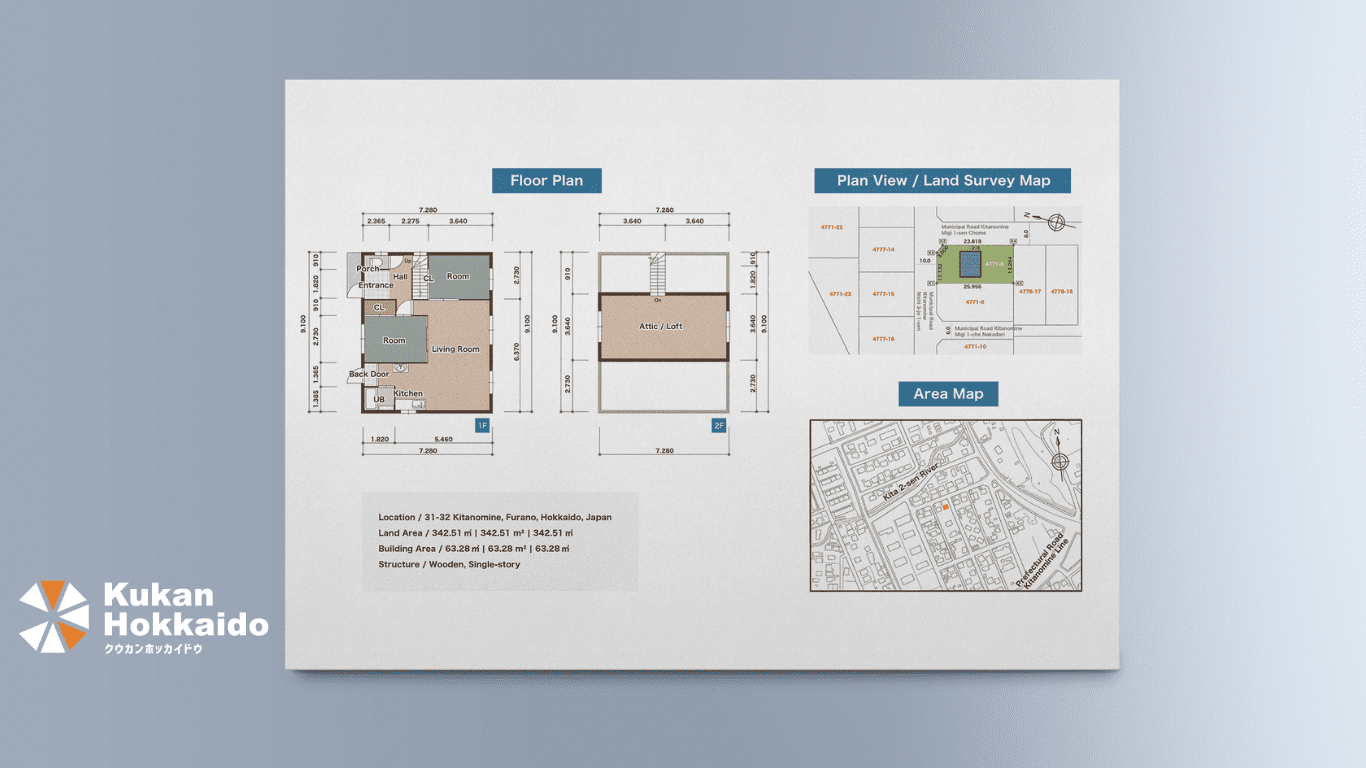 北の峰町の戸建て住宅における間取図・ロフト平面図・公図・道路図・エリアマップをまとめた不動産販売用デザイン制作事例