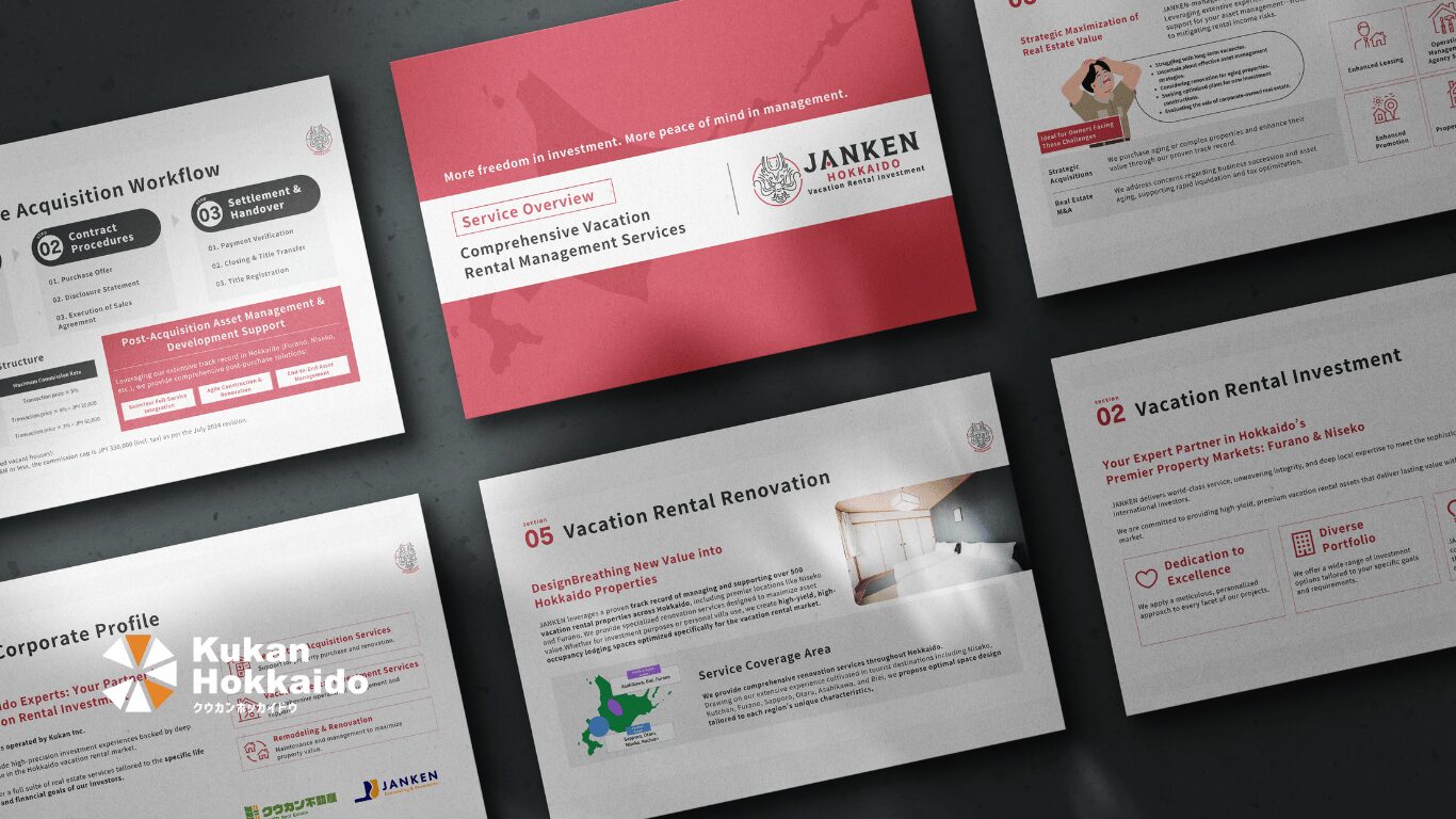 JANKENのインバウンド投資家向け不動産・民泊営業資料デザイン事例、多言語対応パンフレットでサービス概要や投資価値を分かりやすく伝える資料制作