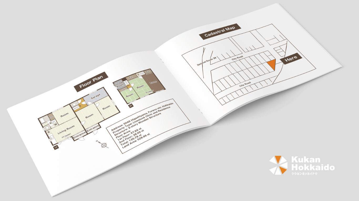 富良野・札幌エリアの不動産売買向けクリエイティブ制作事例、間取図や地図を掲載した販促用パンフレットデザインで物件の魅力を分かりやすく訴求