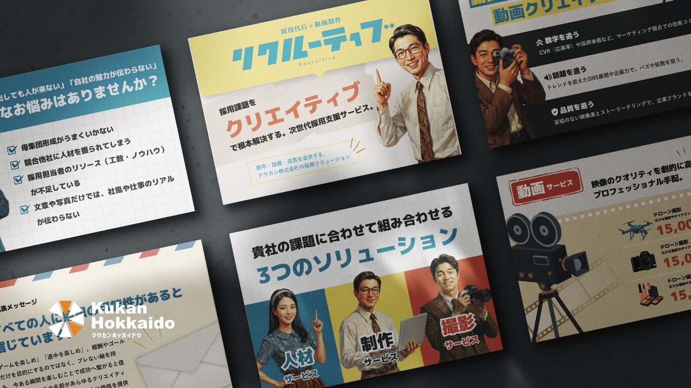 リクルーティブのBtoB営業資料デザイン制作事例。採用支援サービスの強みや導入メリットをストーリー性のある構成と視認性の高いデザインで分かりやすく伝え、成約率向上を支援する営業資料。
