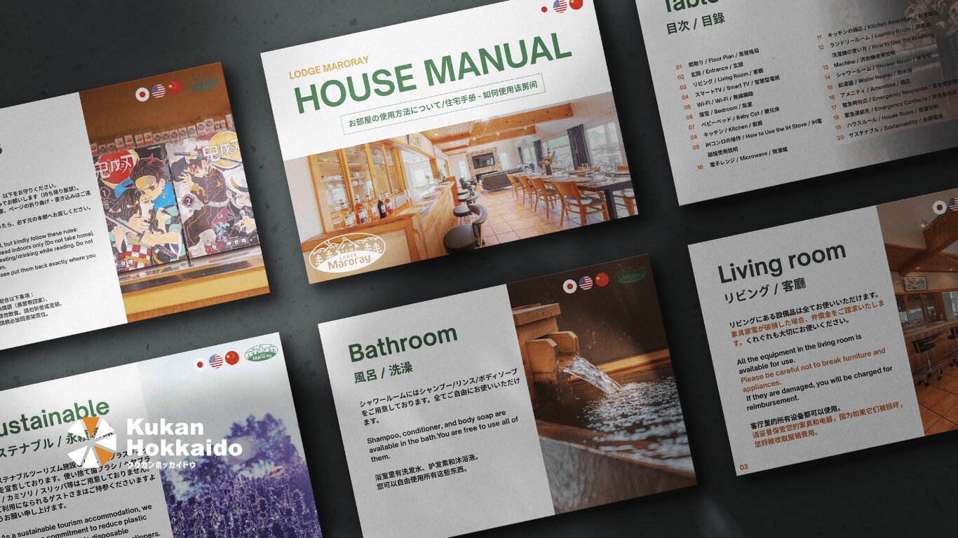 Lodge Marorayの宿泊施設向けハウスマニュアル制作事例。チェックイン案内や館内設備、リビング、浴室、キッチンなどの利用方法を多言語で分かりやすく紹介したガイドデザイン。