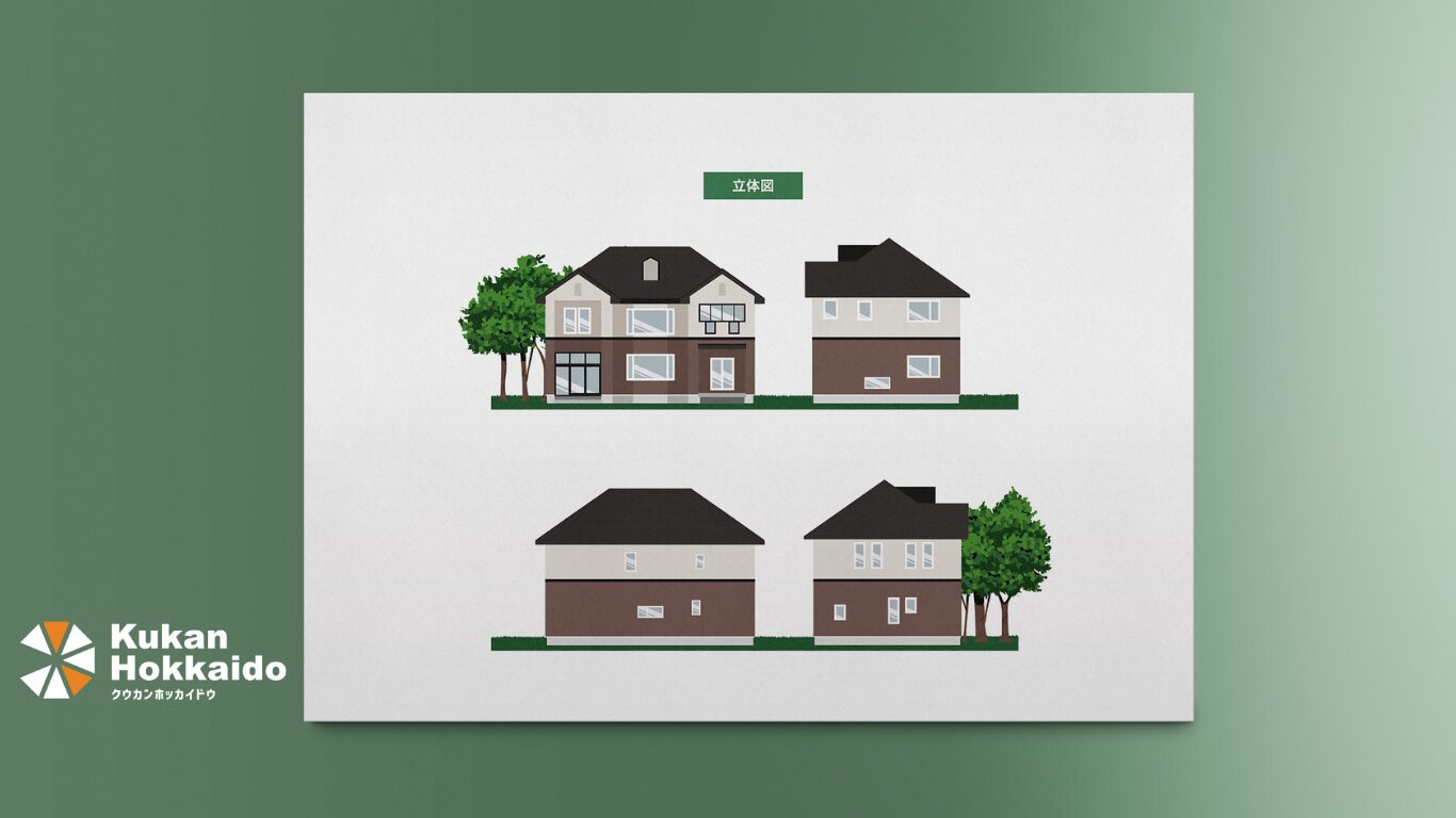 岩見沢市の戸建て住宅販売用に制作した間取図・立面図・敷地配置図デザイン。1階LDK18.5帖、和室・洋室、2階洋室・和室・バルコニーを含むレイアウトと敷地寸法を掲載。