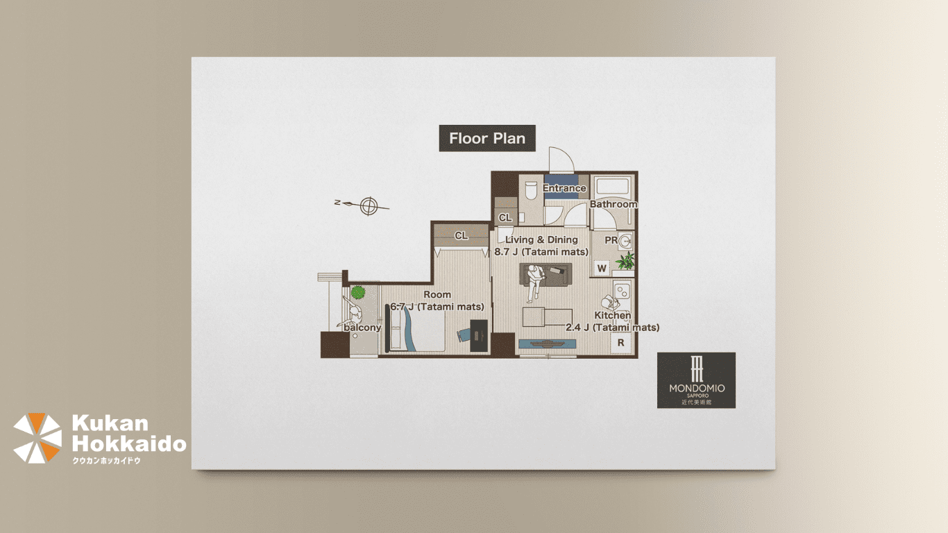 モンドミオ札幌近代美術館マンションの間取図・建物2階配置図・周辺エリアマップのデザイン制作モックアップ。1LDK約38.40㎡のフロアプランと札幌市中央区・西18丁目駅周辺施設を掲載した不動産広告ビジュアル。