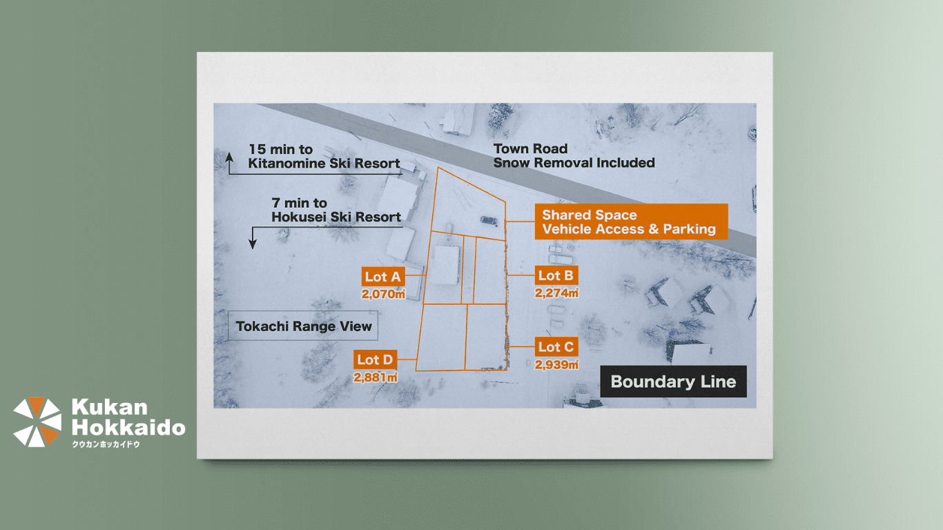 北海道のスキーリゾート近郊物件における観光案内図・区画図・設備アメニティ情報をまとめたパンフレットデザイン制作事例。十勝連峰ビューやキロロミネ・北星スキーリゾートまでの距離表示、敷地境界線や共有スペースを分かりやすくレイアウトした案内マップ。