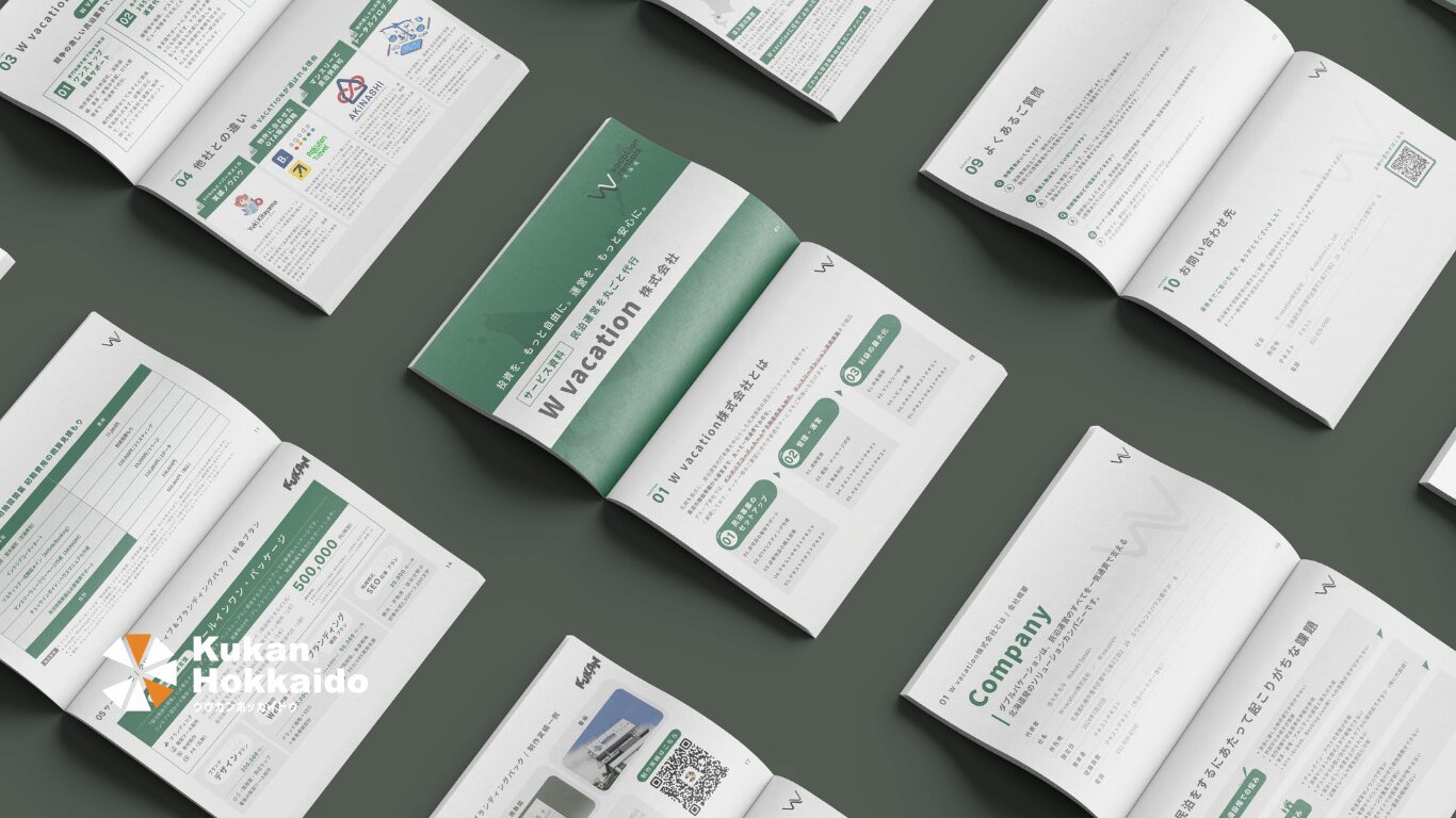 W vacation株式会社｜サービス内容や強みを分かりやすく整理したサービス紹介資料デザイン。宿泊・観光事業向けに構成された冊子制作実績。