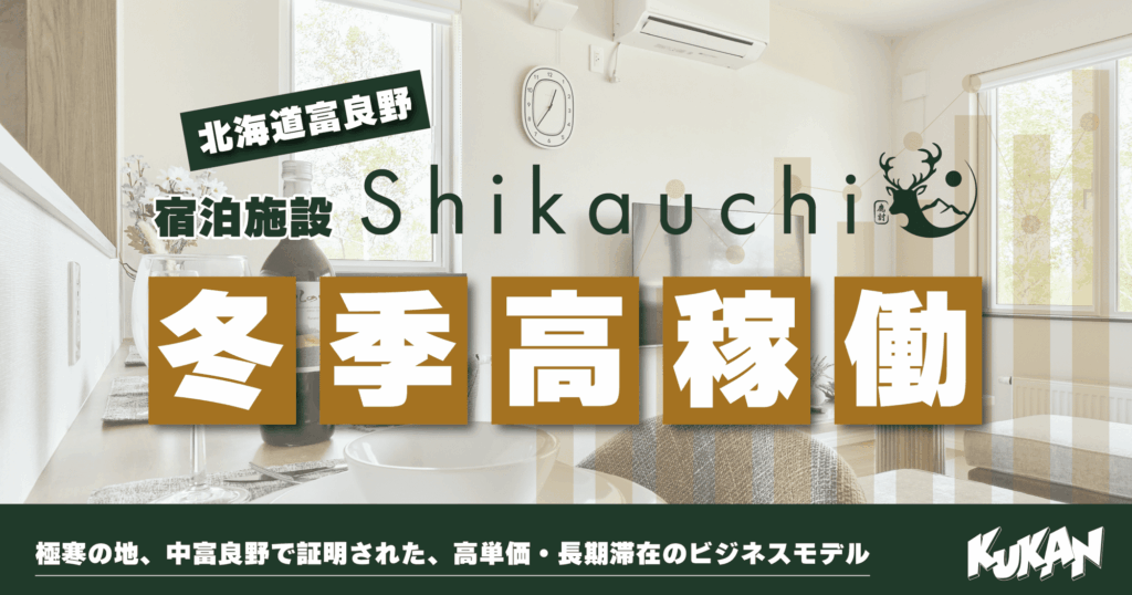雪景色の中に佇む北海道中富良野の一棟貸し宿泊施設Shikauchiの外観と美しい冬の風景