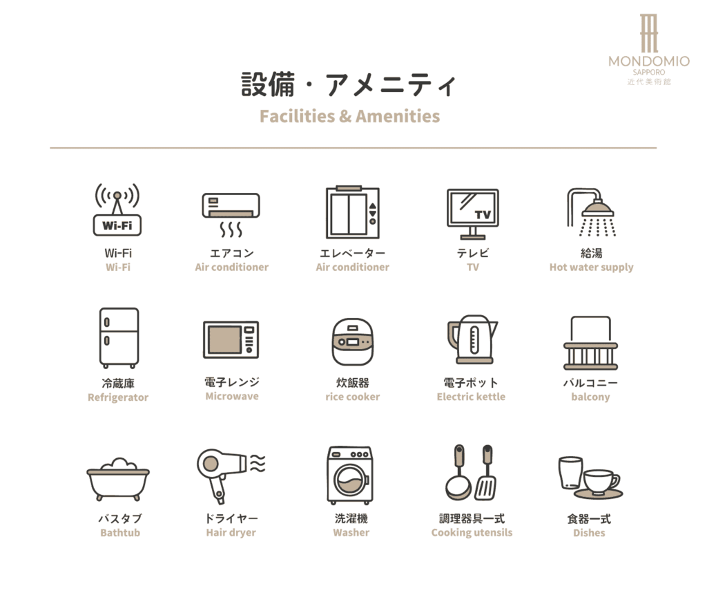 札幌の民泊モンドミオ207の充実した設備とアメニティを一覧で示す運用・サービス紹介データ