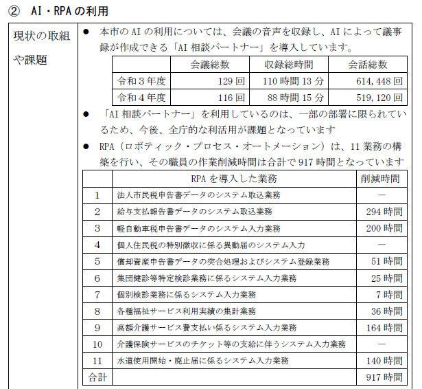 富良野市DX推進計画に関連する自治体のAI・RPA利用実績と業務効率化の成果を示す資料