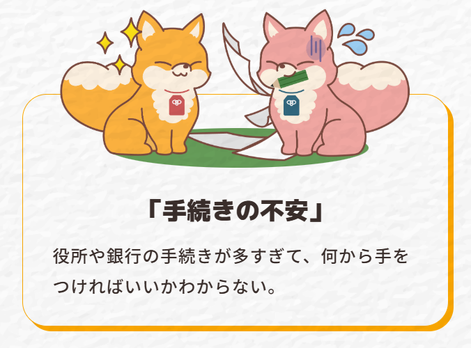 役所や銀行の複雑な手続きの不安を表した北海道の実家じまい・相続・不動産売却のご相談イラスト