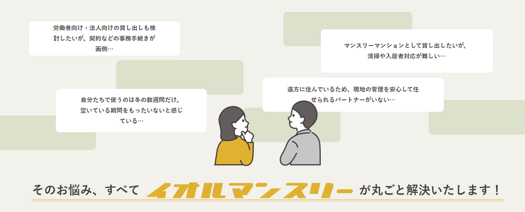不動産オーナーが抱える管理や運用の悩みをイオルマンスリーが解決することを示したイラスト画像