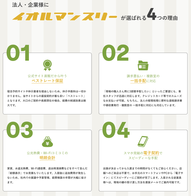 法人向けにイオルマンスリーが選ばれるベストレート保証など4つのメリットを示した図解