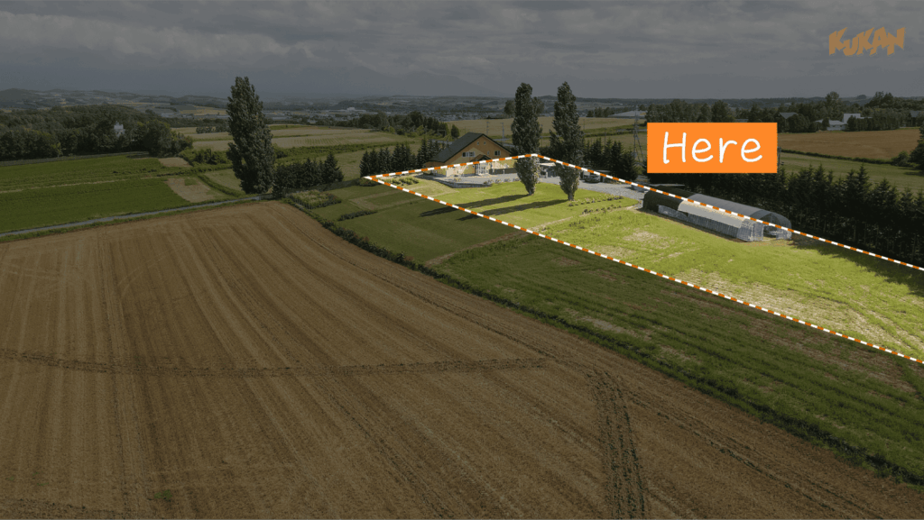 Aerial view showing the site boundaries of resort development land for sale near Biei's Ken & Mary Tree in Hokkaido